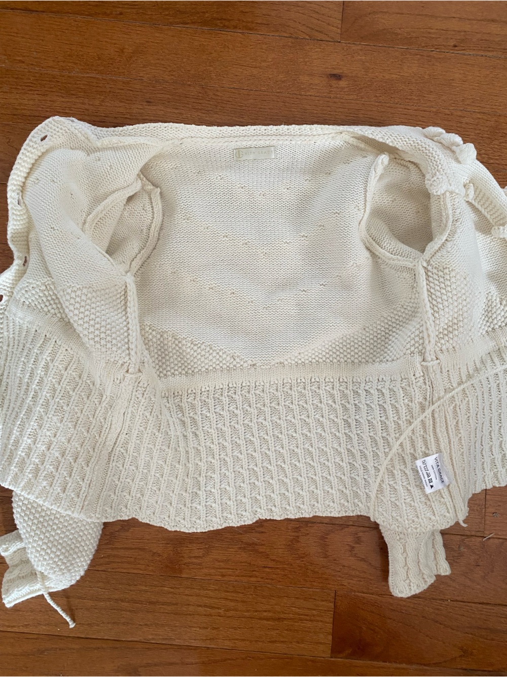 Vita Grace Ivory Bobble Knit Cardigan Balloon Sleeve Tie Waist Cotton M - Picture 9 of 16